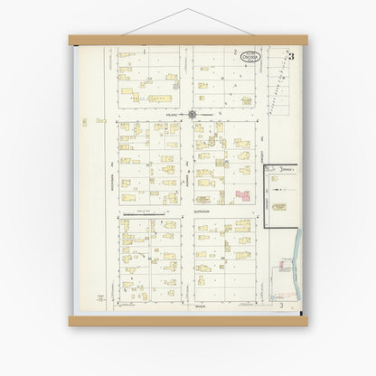Old map wall art mockup — magnetic wood frame on white wall — Sanborn Fire Insurance Map from Oscoda, Iosco County, Michigan (1914), Sheet #0003