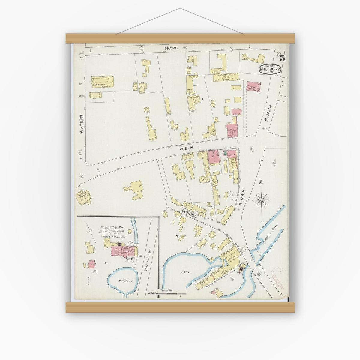 Old map wall art mockup — magnetic wood frame on white wall — Sanborn Fire Insurance Map from Millbury, Worcester County, Massachusetts (1894), Sheet #0005