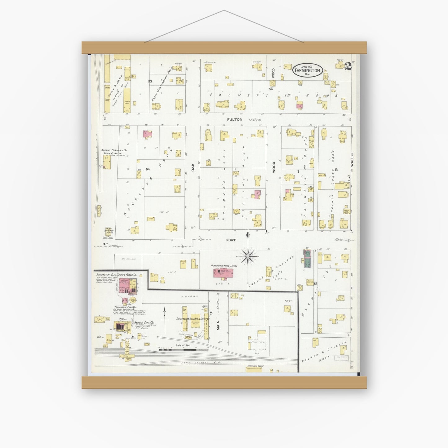Old map wall art mockup — magnetic wood frame on white wall — Sanborn Fire Insurance Map from Farmington, Fulton County, Illinois (1909), Sheet #0002