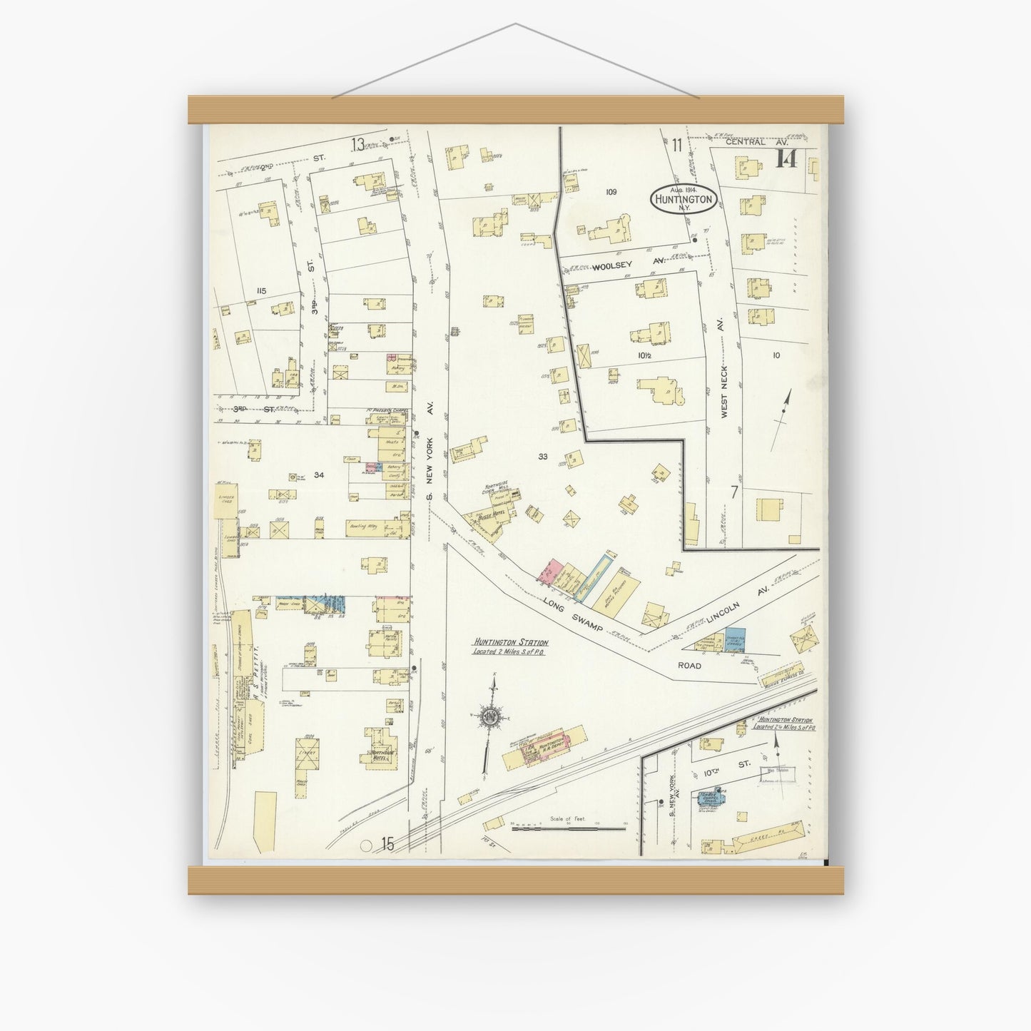 Old map wall art mockup — magnetic wood frame on white wall — Sanborn Fire Insurance Map from Huntington, Suffolk County, New York (1914), Sheet #0014