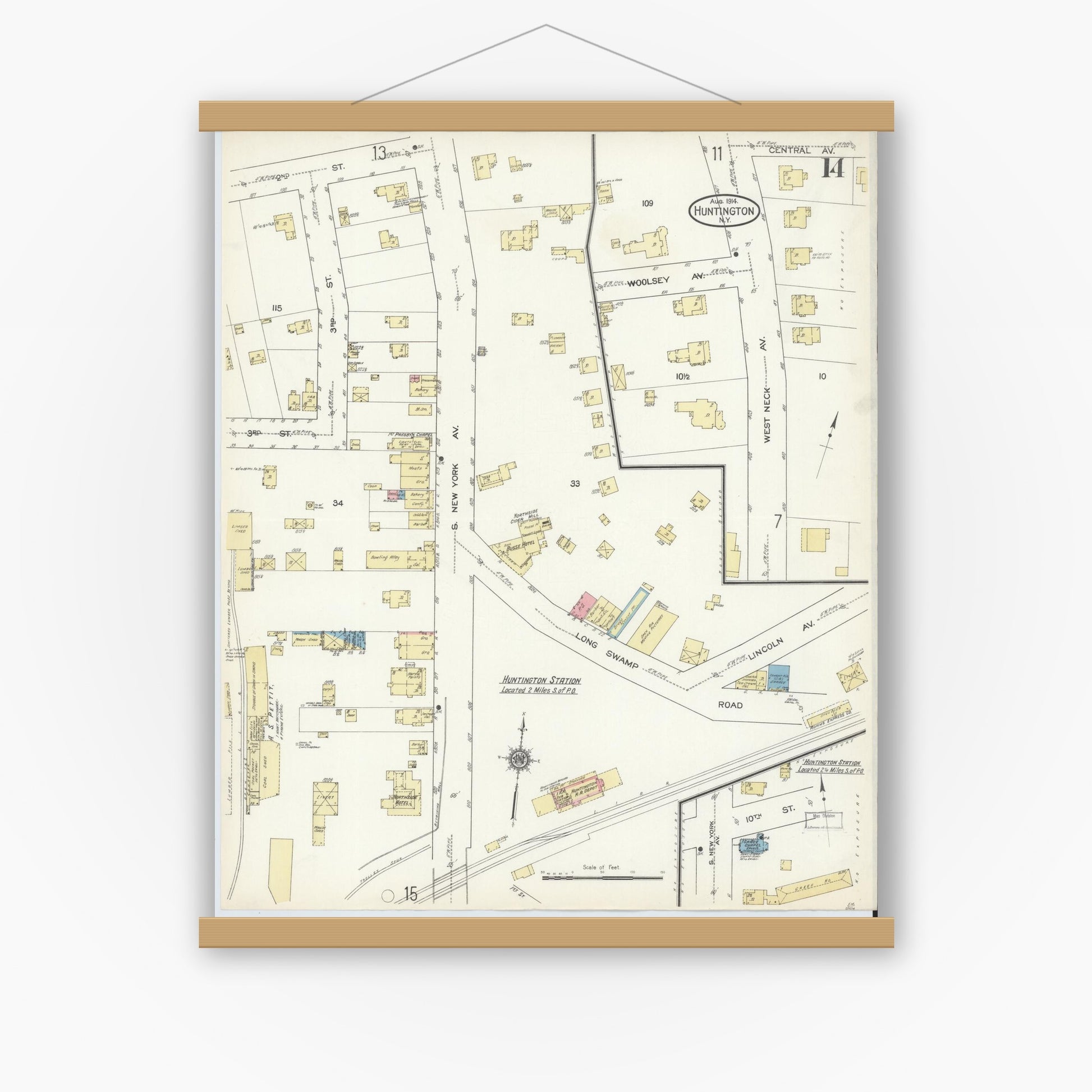 Old map wall art mockup — magnetic wood frame on white wall — Sanborn Fire Insurance Map from Huntington, Suffolk County, New York (1914), Sheet #0014