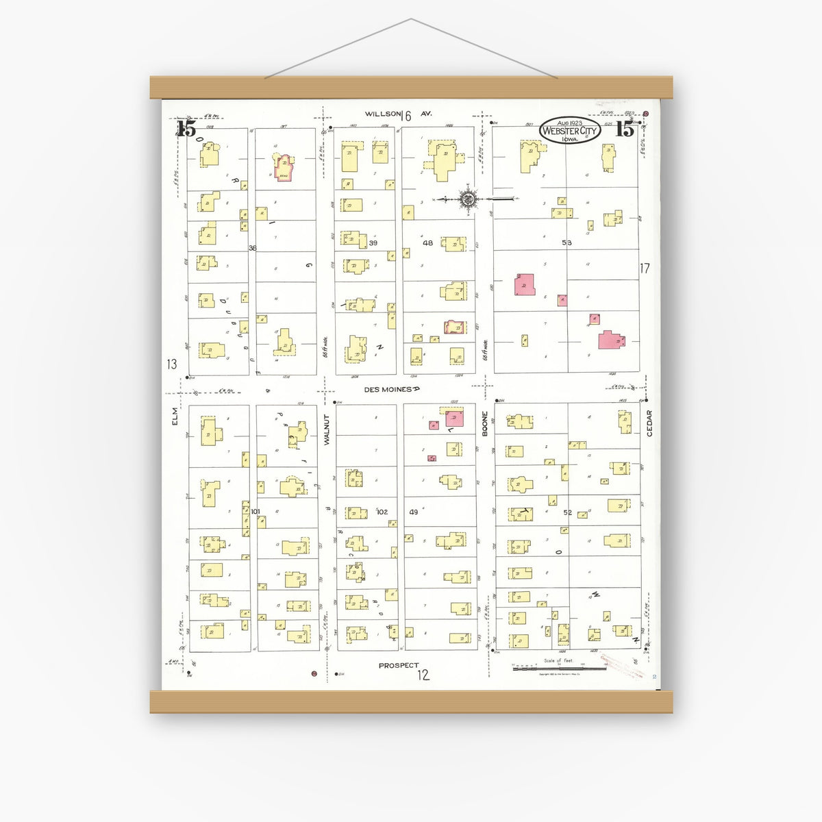 Old map wall art mockup — magnetic wood frame on white wall — Sanborn Fire Insurance Map from Webster City, Hamilton County, Iowa (1923), Sheet #0015