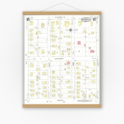 Old map wall art mockup — magnetic wood frame on white wall — Sanborn Fire Insurance Map from Webster City, Hamilton County, Iowa (1923), Sheet #0015