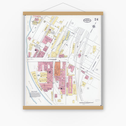 Old map wall art mockup — magnetic wood frame on white wall — Sanborn Fire Insurance Map from Freeport, Stephenson County, Illinois (1918), Sheet #0024