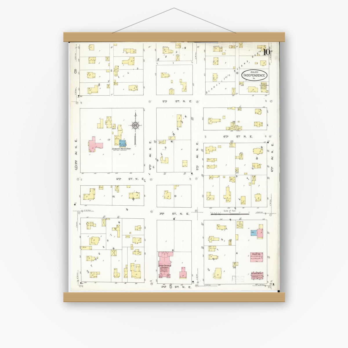 Old map wall art mockup — magnetic wood frame on white wall — Sanborn Fire Insurance Map from Independence, Buchanan County, Iowa (1913), Sheet #0010