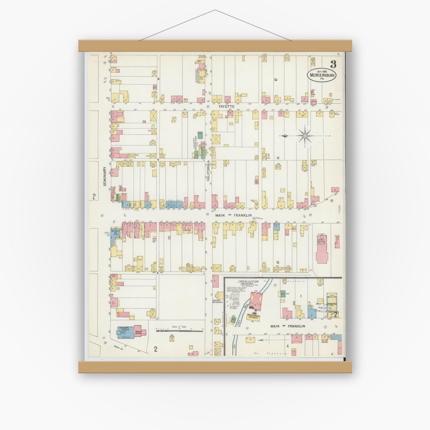 Old map wall art mockup — magnetic wood frame on white wall — Sanborn Fire Insurance Map from Mercersburg, Franklin County, Pennsylvania (1902), Sheet #0003