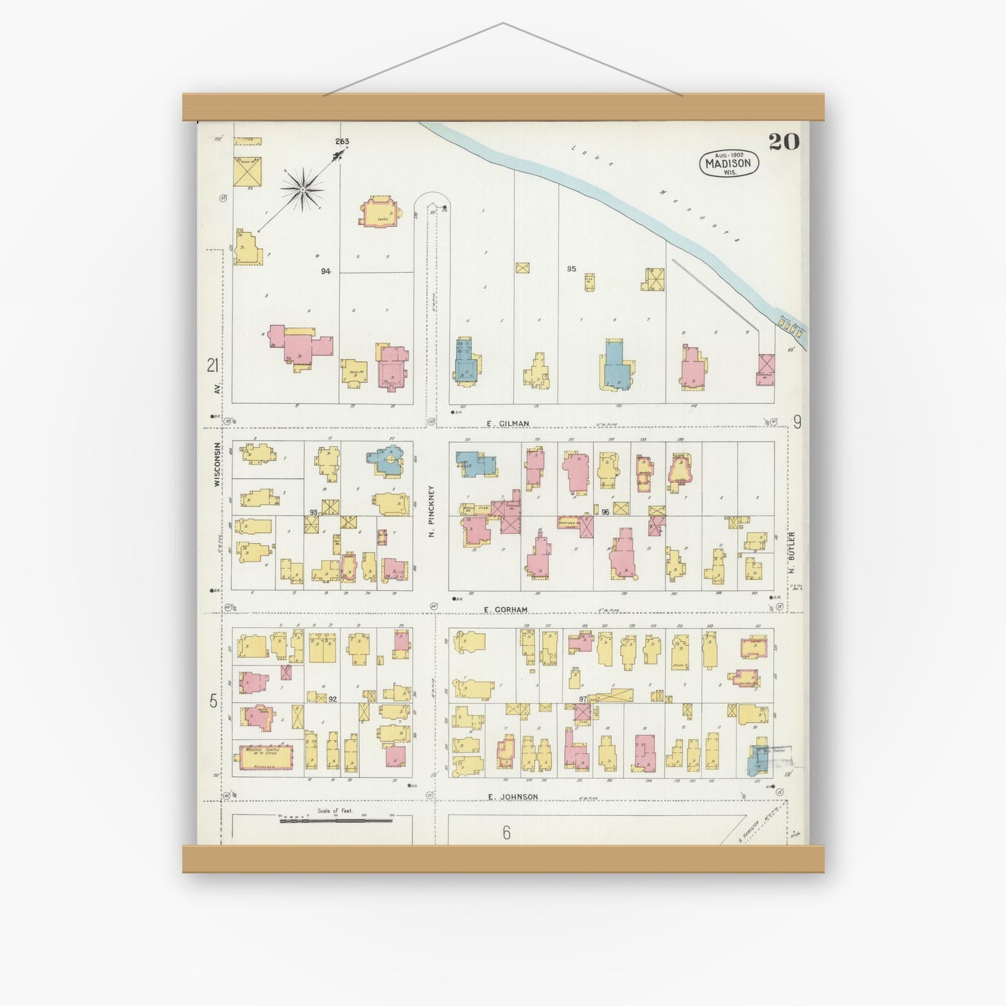 Old map wall art mockup — magnetic wood frame on white wall — Sanborn Fire Insurance Map from Madison, Dane County, Wisconsin (1902), Sheet #0020