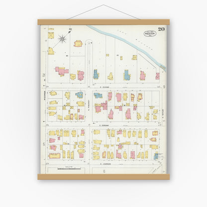 Old map wall art mockup — magnetic wood frame on white wall — Sanborn Fire Insurance Map from Madison, Dane County, Wisconsin (1902), Sheet #0020