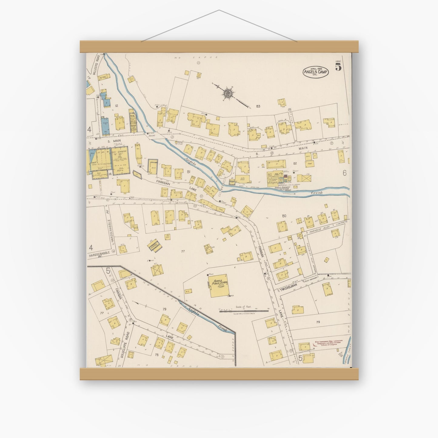 Old map wall art mockup — magnetic wood frame on white wall — Sanborn Fire Insurance Map from Angels Camp, Calaveras County, California (1922), Sheet #0005