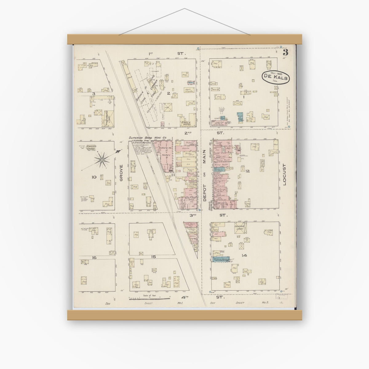 Old map wall art mockup — magnetic wood frame on white wall — Sanborn Fire Insurance Map from De Kalb, De Kalb County, Illinois (1885), Sheet #0003