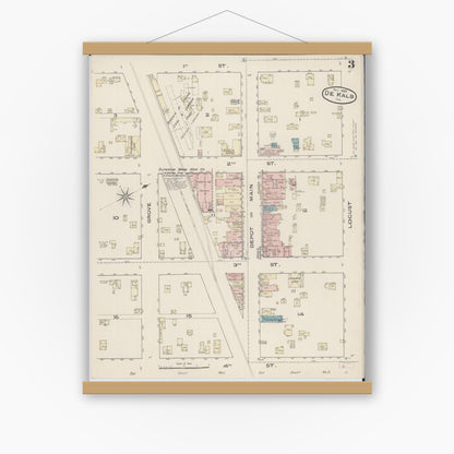 Old map wall art mockup — magnetic wood frame on white wall — Sanborn Fire Insurance Map from De Kalb, De Kalb County, Illinois (1885), Sheet #0003