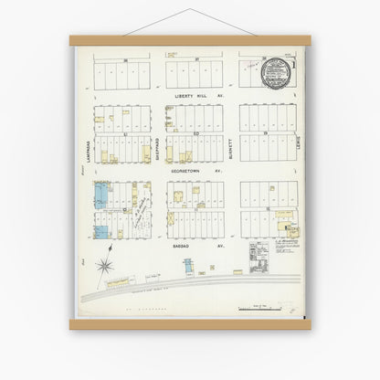 Old map wall art mockup — magnetic wood frame on white wall — Sanborn Fire Insurance Map from Round Rock, Williamson County, Texas (1891), Sheet #0001