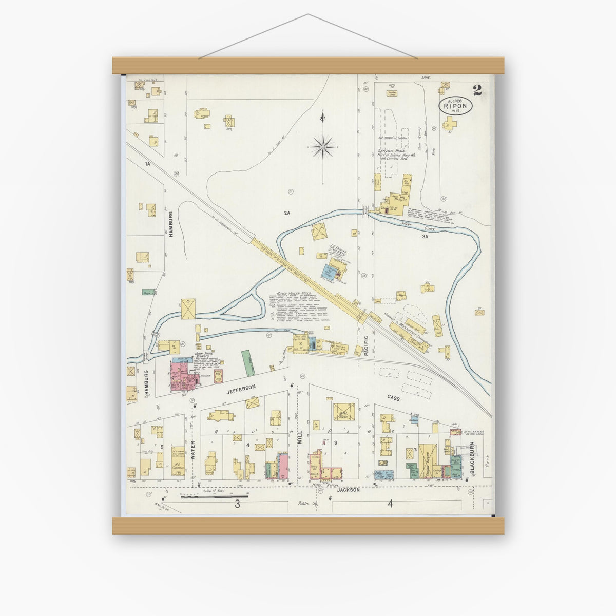 Old map wall art mockup — magnetic wood frame on white wall — Sanborn Fire Insurance Map from Ripon, Fond du Lac County, Wisconsin (1898), Sheet #0002