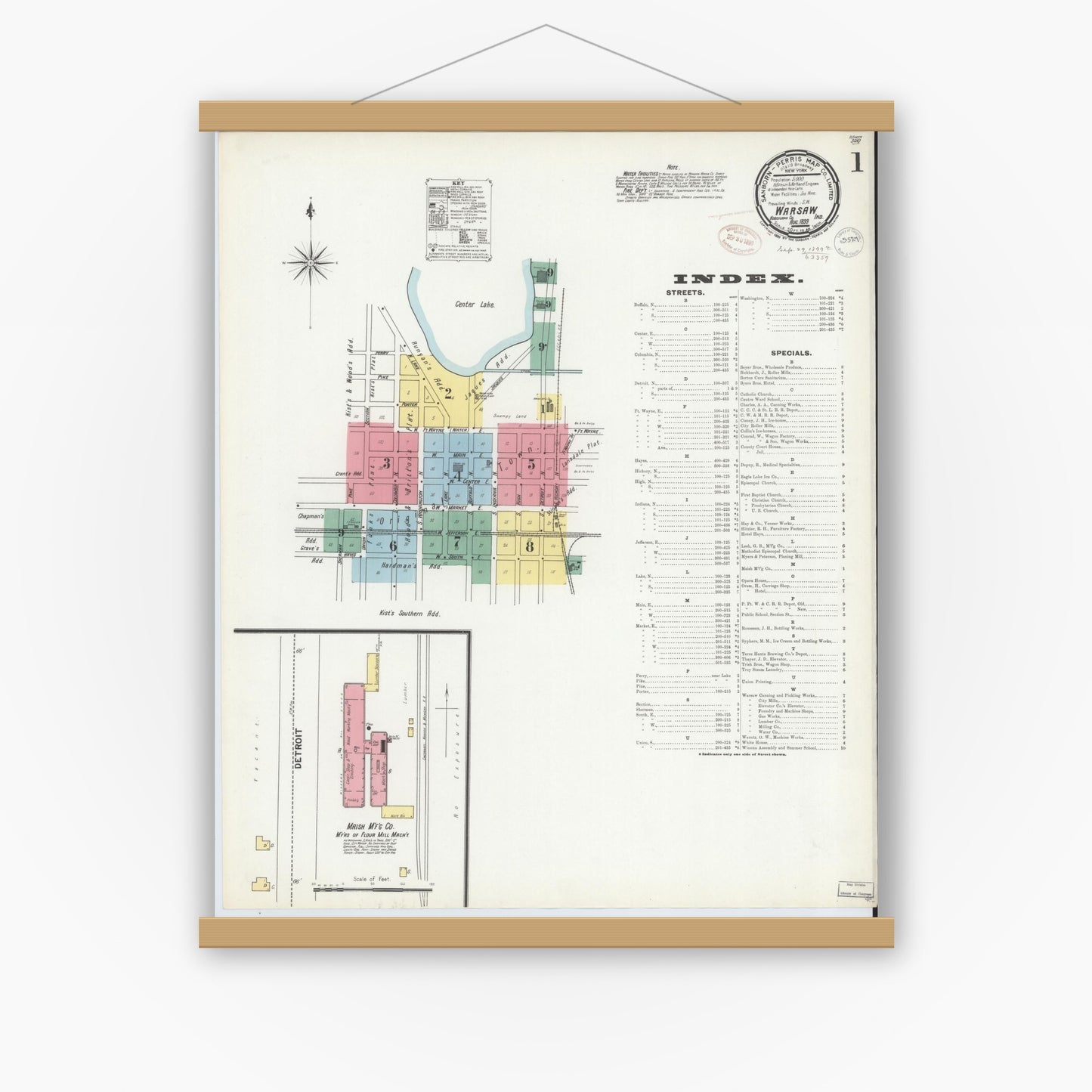 Old map wall art mockup — magnetic wood frame on white wall — Sanborn Fire Insurance Map from Warsaw, Kosciusko County, Indiana (1899) - Complete Map Set