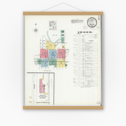 Old map wall art mockup — magnetic wood frame on white wall — Sanborn Fire Insurance Map from Warsaw, Kosciusko County, Indiana (1899) - Complete Map Set