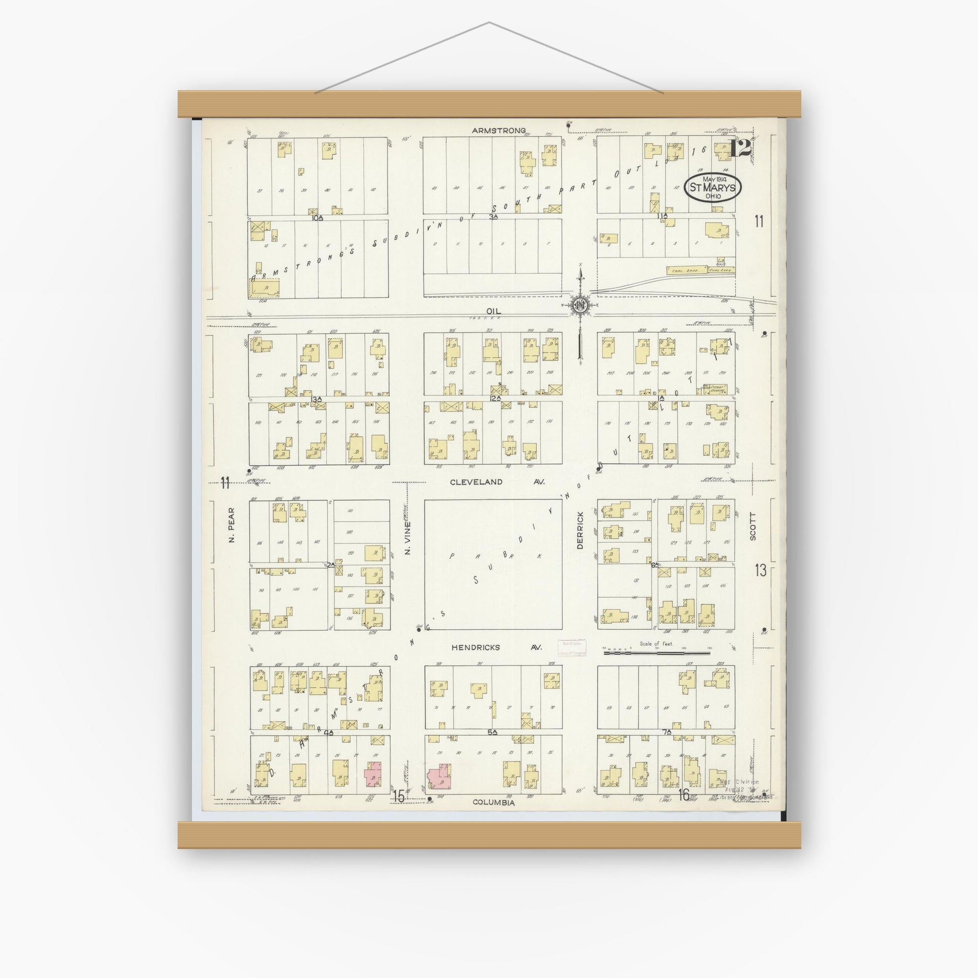 Old map wall art mockup — magnetic wood frame on white wall — Sanborn Fire Insurance Map from Saint Marys, Auglaize County, Ohio (1914), Sheet #0012
