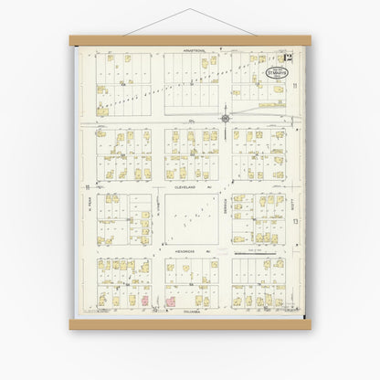 Old map wall art mockup — magnetic wood frame on white wall — Sanborn Fire Insurance Map from Saint Marys, Auglaize County, Ohio (1914), Sheet #0012