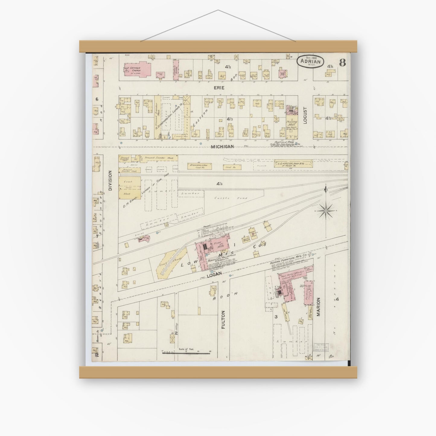 Old map wall art mockup — magnetic wood frame on white wall — Sanborn Fire Insurance Map from Adrian, Lenawee County, Michigan (1888), Sheet #0008