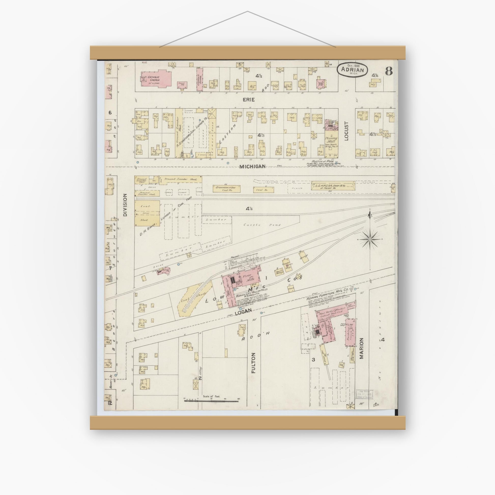 Old map wall art mockup — magnetic wood frame on white wall — Sanborn Fire Insurance Map from Adrian, Lenawee County, Michigan (1888), Sheet #0008
