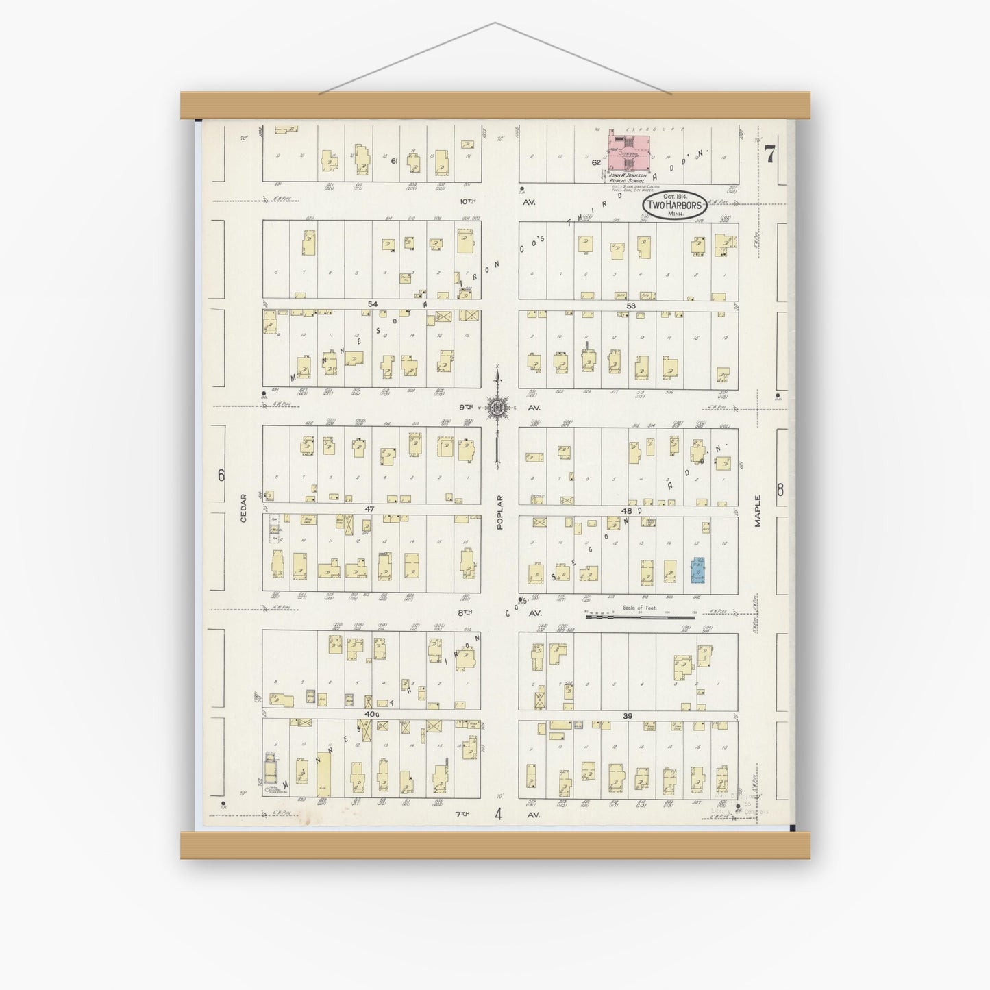 Old map wall art mockup — magnetic wood frame on white wall — Sanborn Fire Insurance Map from Two Harbors, Lake County, Minnesota (1914), Sheet #0007
