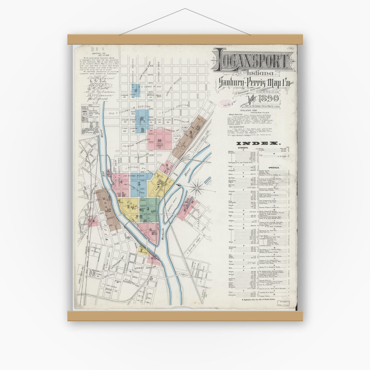Old map wall art mockup — magnetic wood frame on white wall — Sanborn Fire Insurance Map from Logansport, Cass County, Indiana (1890) - Complete Map Set