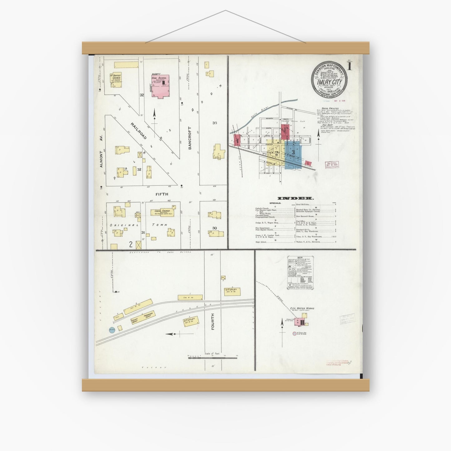 Old map wall art mockup — magnetic wood frame on white wall — Sanborn Fire Insurance Map from Imlay City, Lapeer County, Michigan (1909) - Complete Map Set
