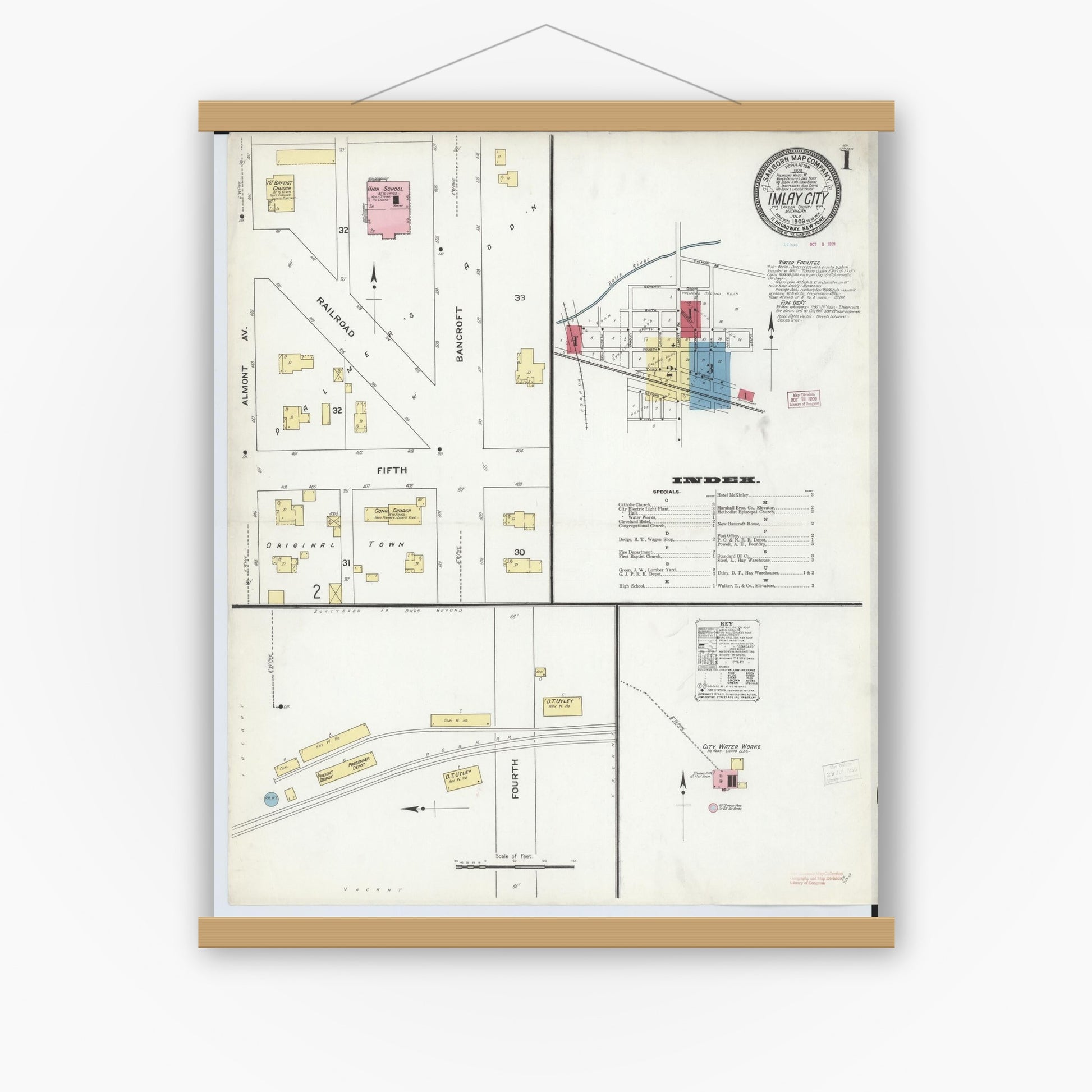 Old map wall art mockup — magnetic wood frame on white wall — Sanborn Fire Insurance Map from Imlay City, Lapeer County, Michigan (1909) - Complete Map Set