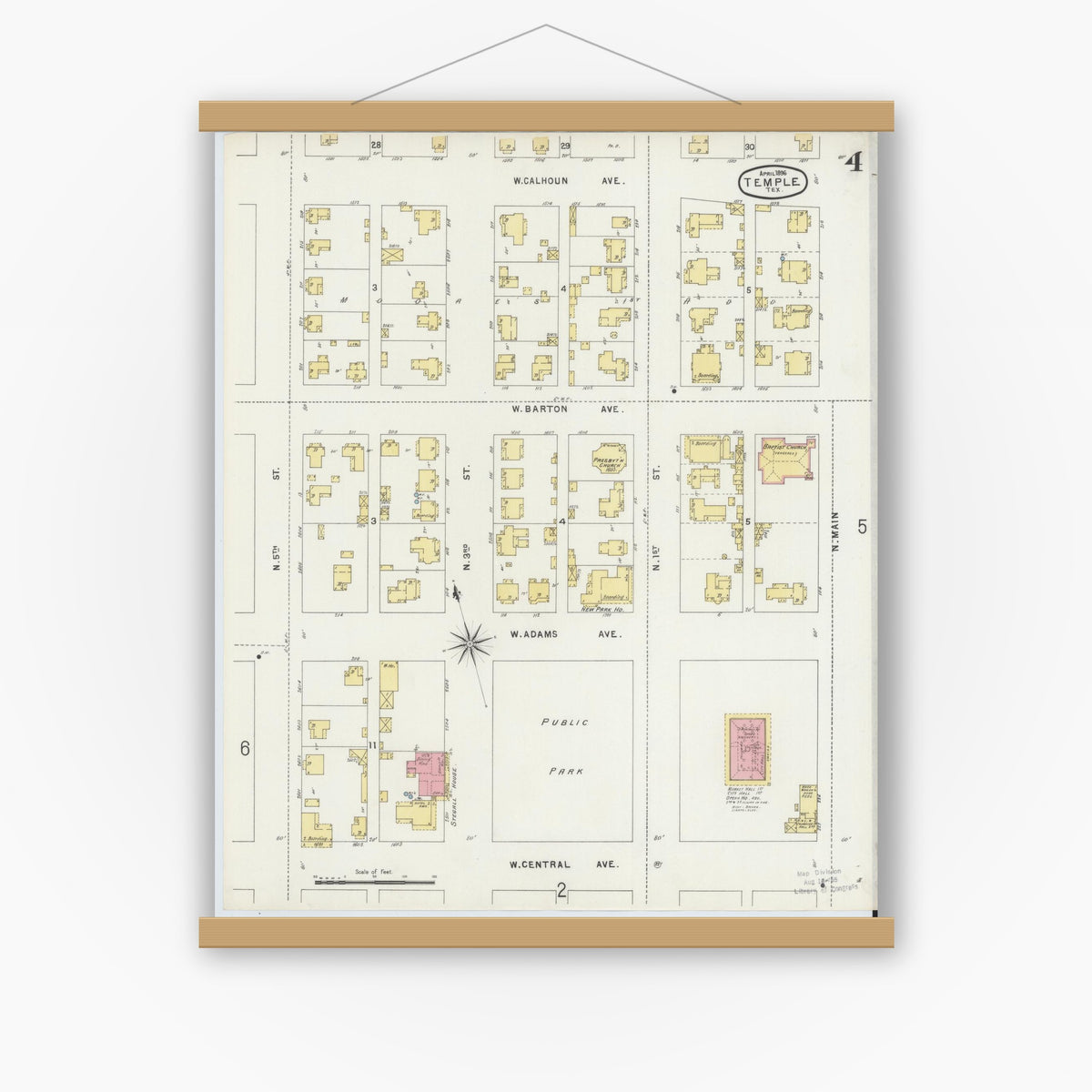 Old map wall art mockup — magnetic wood frame on white wall — Sanborn Fire Insurance Map from Temple, Bell County, Texas (1896), Sheet #0004