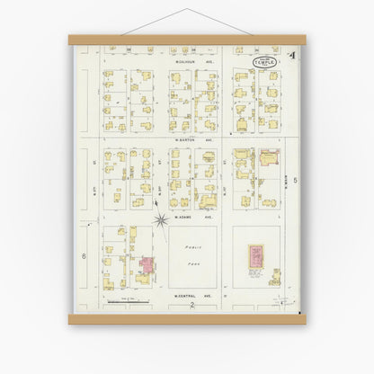Old map wall art mockup — magnetic wood frame on white wall — Sanborn Fire Insurance Map from Temple, Bell County, Texas (1896), Sheet #0004