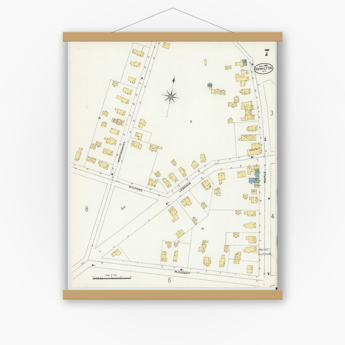Old map wall art mockup — magnetic wood frame on white wall — Sanborn Fire Insurance Map from Hamilton, Madison County, New York (1906), Sheet #0007