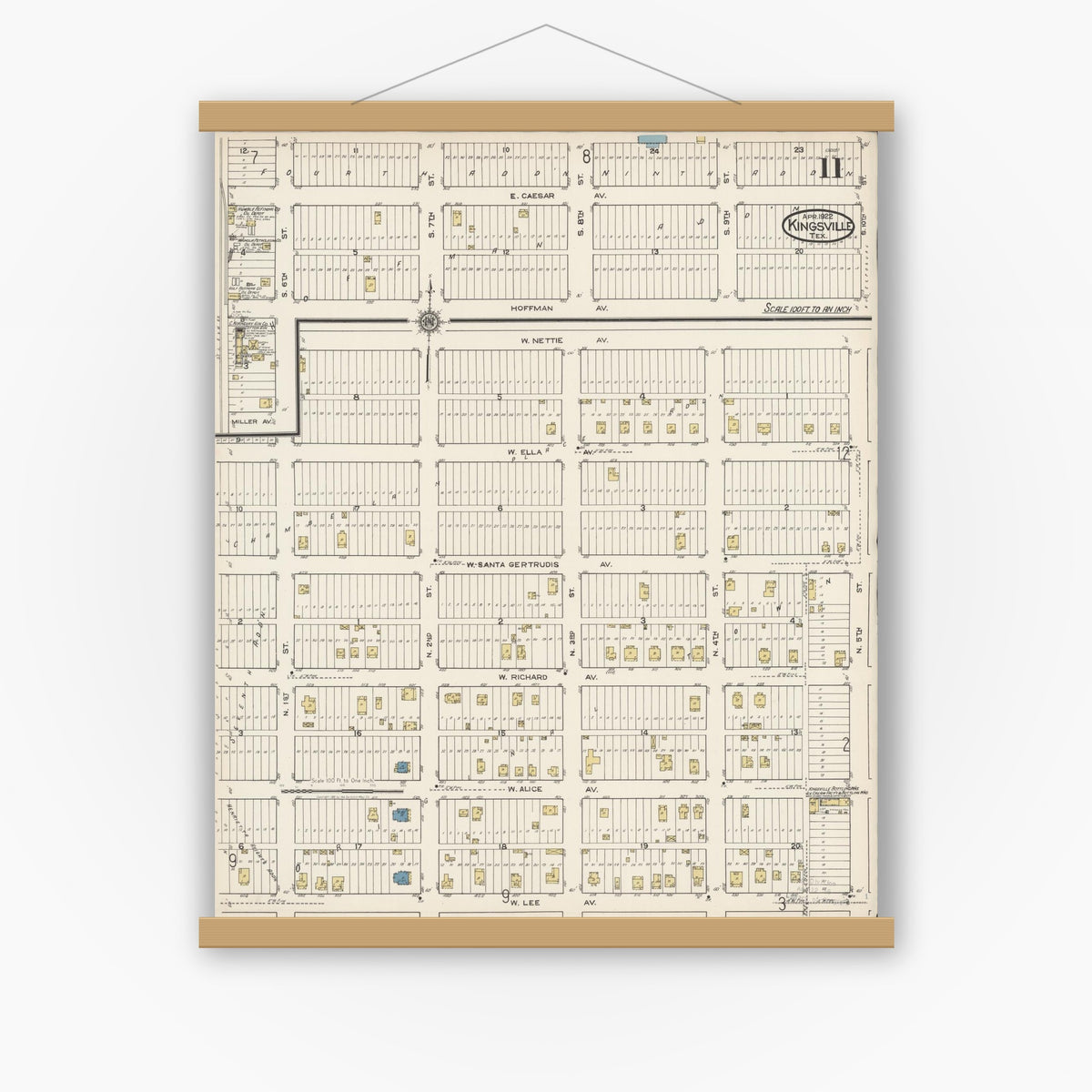 Old map wall art mockup — magnetic wood frame on white wall — Sanborn Fire Insurance Map from Kingsville, Kleberg County, Texas (1922), Sheet #0011