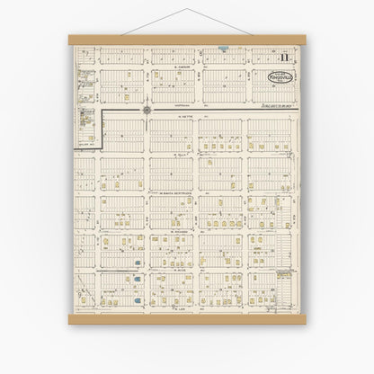 Old map wall art mockup — magnetic wood frame on white wall — Sanborn Fire Insurance Map from Kingsville, Kleberg County, Texas (1922), Sheet #0011