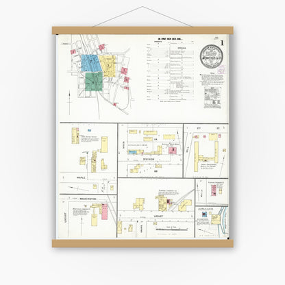 Old map wall art mockup — magnetic wood frame on white wall — Sanborn Fire Insurance Map from Monticello, Jones County, Iowa (1905) â€” Complete Set