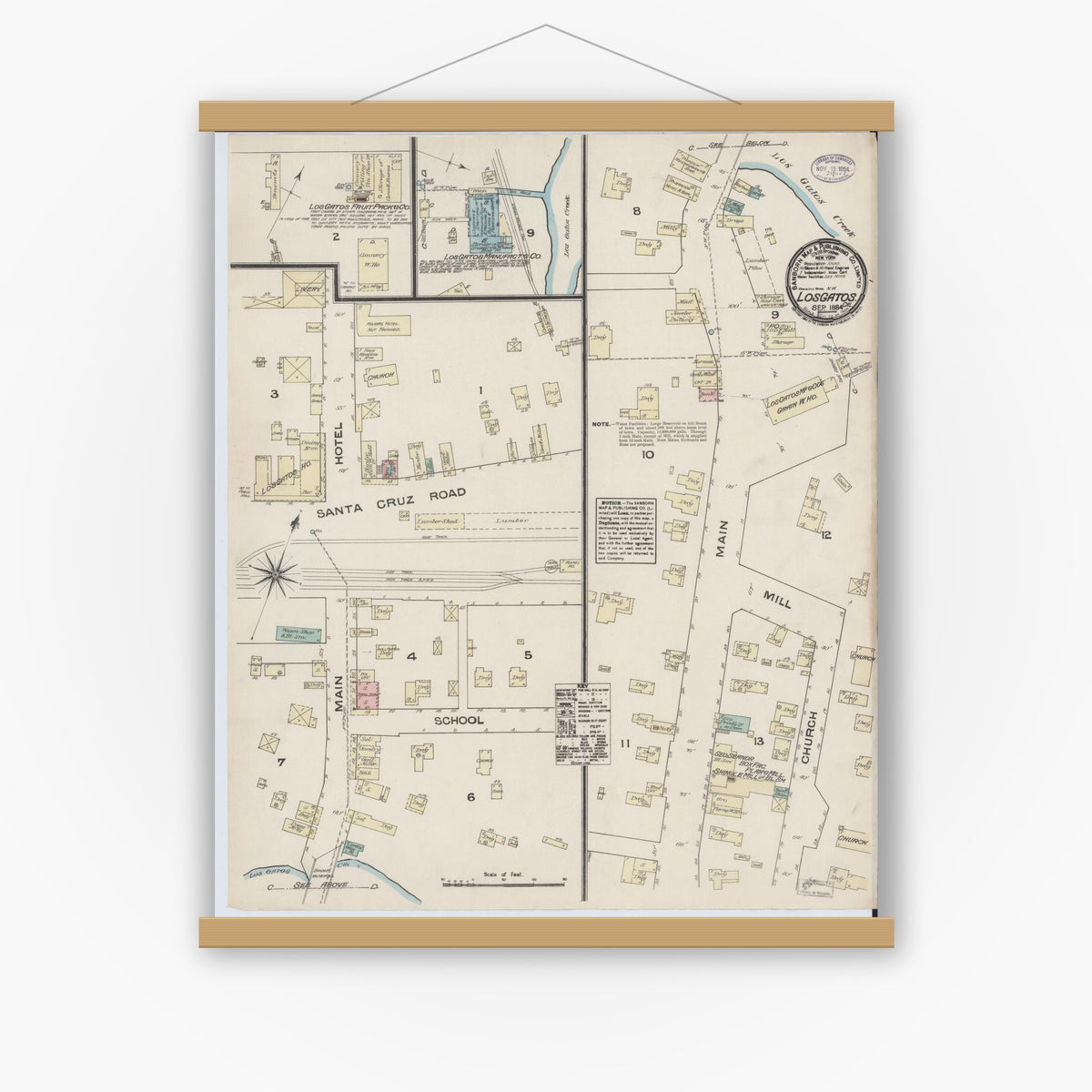 Old map wall art mockup — magnetic wood frame on white wall — Sanborn Fire Insurance Map from Los Gatos, Santa Clara County, California (1884), Sheet #0001