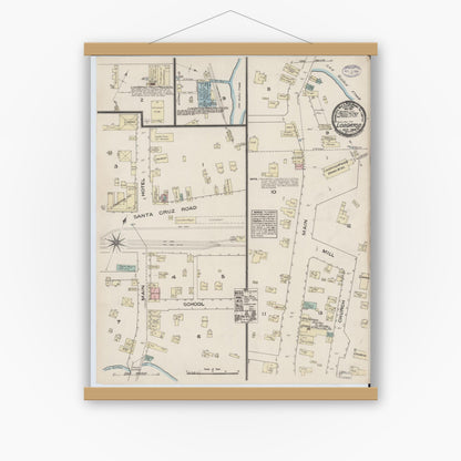 Old map wall art mockup — magnetic wood frame on white wall — Sanborn Fire Insurance Map from Los Gatos, Santa Clara County, California (1884), Sheet #0001