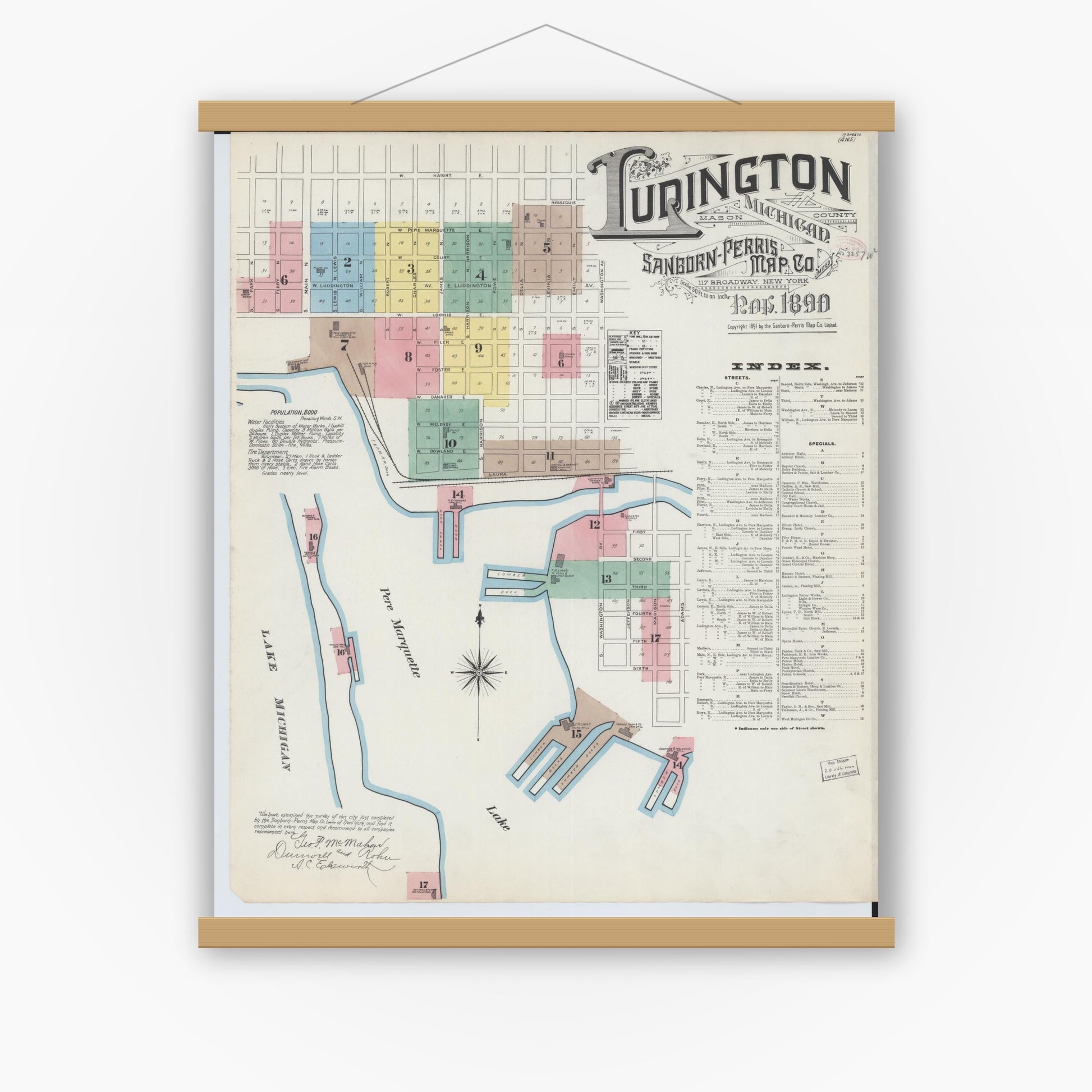 Old map wall art mockup — magnetic wood frame on white wall — Sanborn Fire Insurance Map from Ludington, Mason County, Michigan (1890) - Complete Map Set