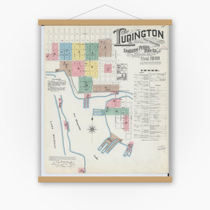 Old map wall art mockup — magnetic wood frame on white wall — Sanborn Fire Insurance Map from Ludington, Mason County, Michigan (1890) - Complete Map Set