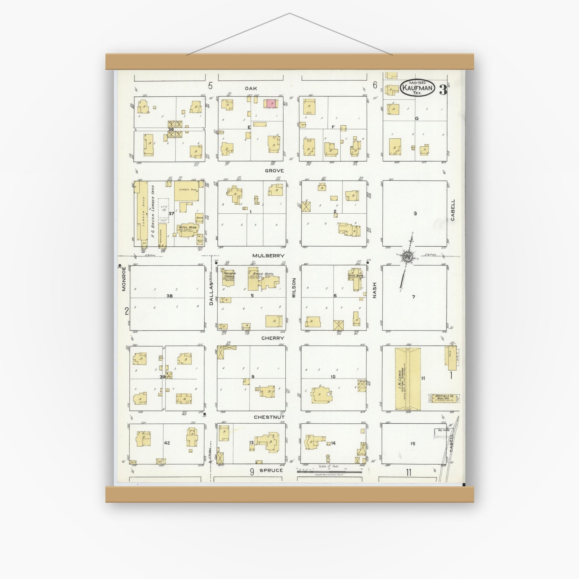 Old map wall art mockup — magnetic wood frame on white wall — Sanborn Fire Insurance Map from Kaufman, Kaufman County, Texas (1920), Sheet #0003
