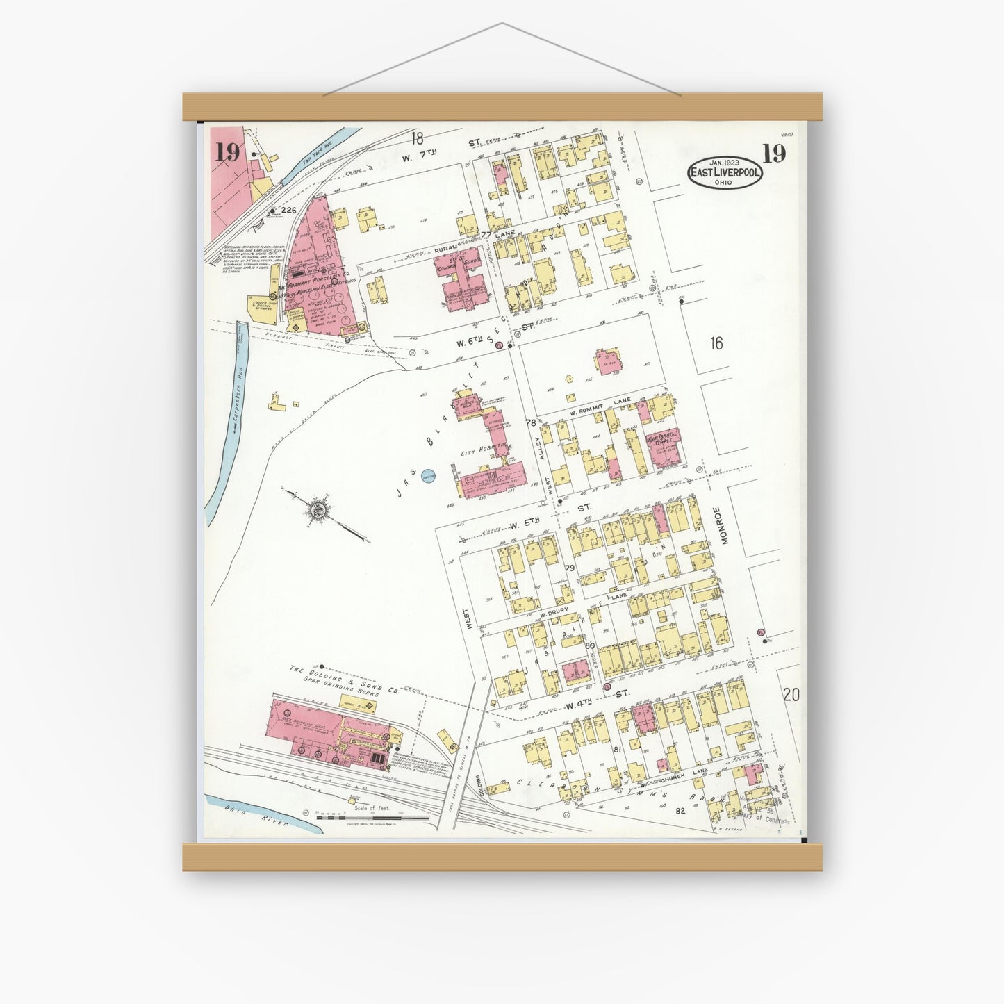 Old map wall art mockup — magnetic wood frame on white wall — Sanborn Fire Insurance Map from East Liverpool, Columbiana County, Ohio (1923), Sheet #0019