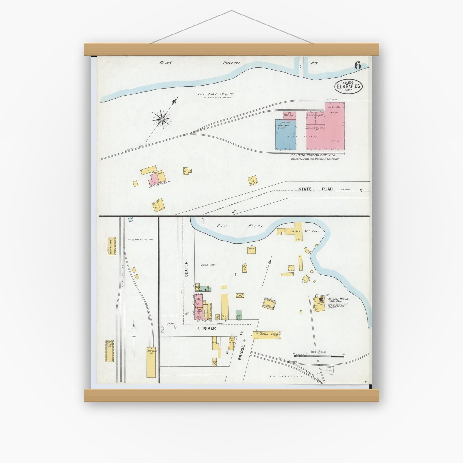 Old map wall art mockup — magnetic wood frame on white wall — Sanborn Fire Insurance Map from Elk Rapids, Antrim County, Michigan (1900), Sheet #0006