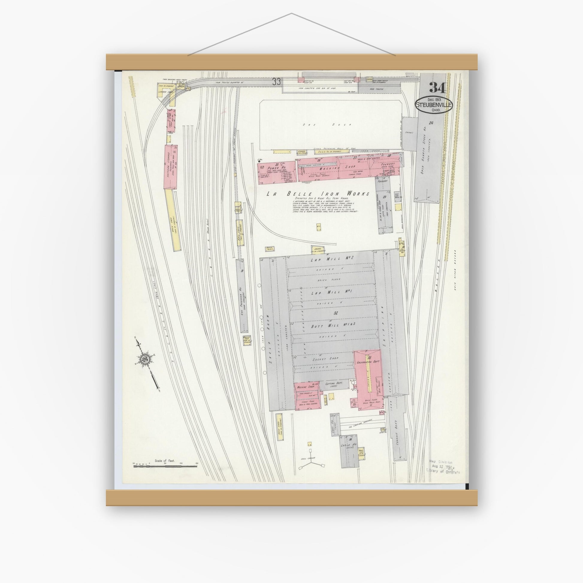 Old map wall art mockup — magnetic wood frame on white wall — Sanborn Fire Insurance Map from Steubenville, Jefferson County, Ohio (1913), Sheet #0034