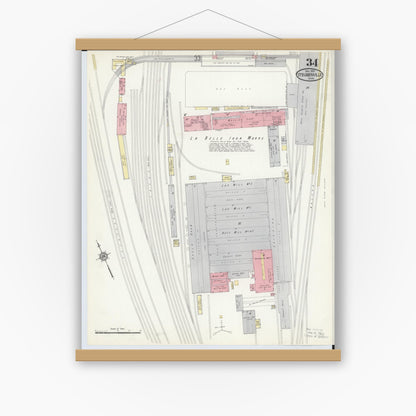 Old map wall art mockup — magnetic wood frame on white wall — Sanborn Fire Insurance Map from Steubenville, Jefferson County, Ohio (1913), Sheet #0034