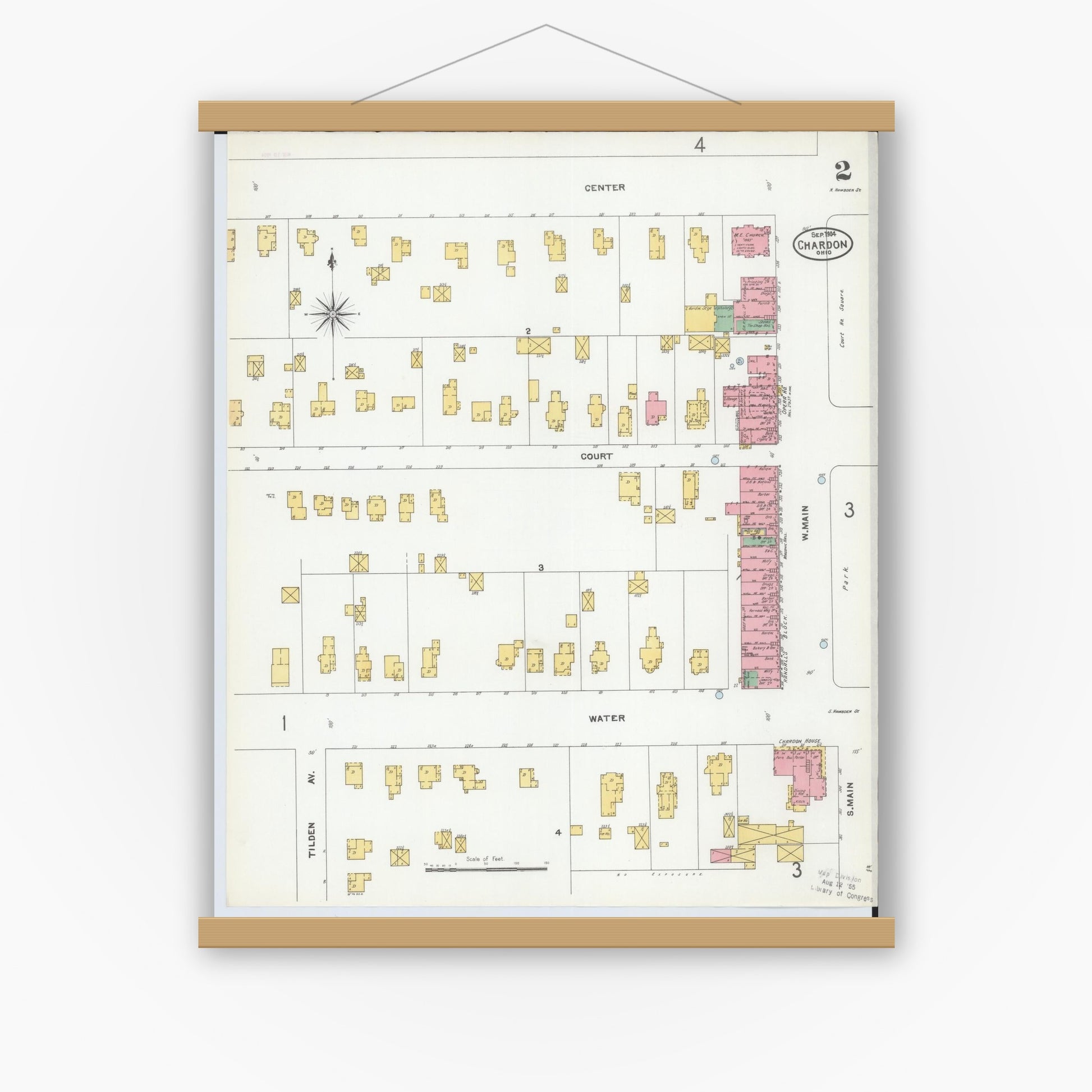 Old map wall art mockup — magnetic wood frame on white wall — Sanborn Fire Insurance Map from Chardon, Geauga County, Ohio (1904), Sheet #0002