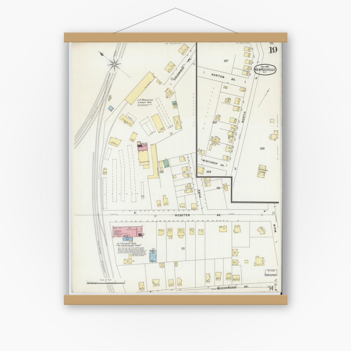Old map wall art mockup — magnetic wood frame on white wall — Sanborn Fire Insurance Map from New Rochelle, Westchester County, New York (1896), Sheet #0019