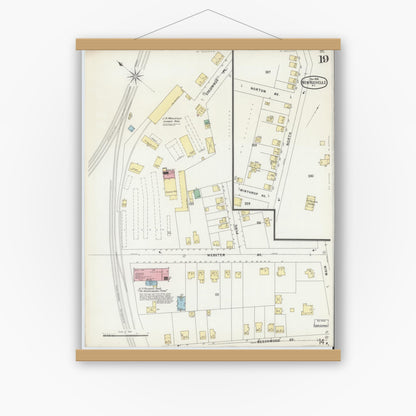 Old map wall art mockup — magnetic wood frame on white wall — Sanborn Fire Insurance Map from New Rochelle, Westchester County, New York (1896), Sheet #0019