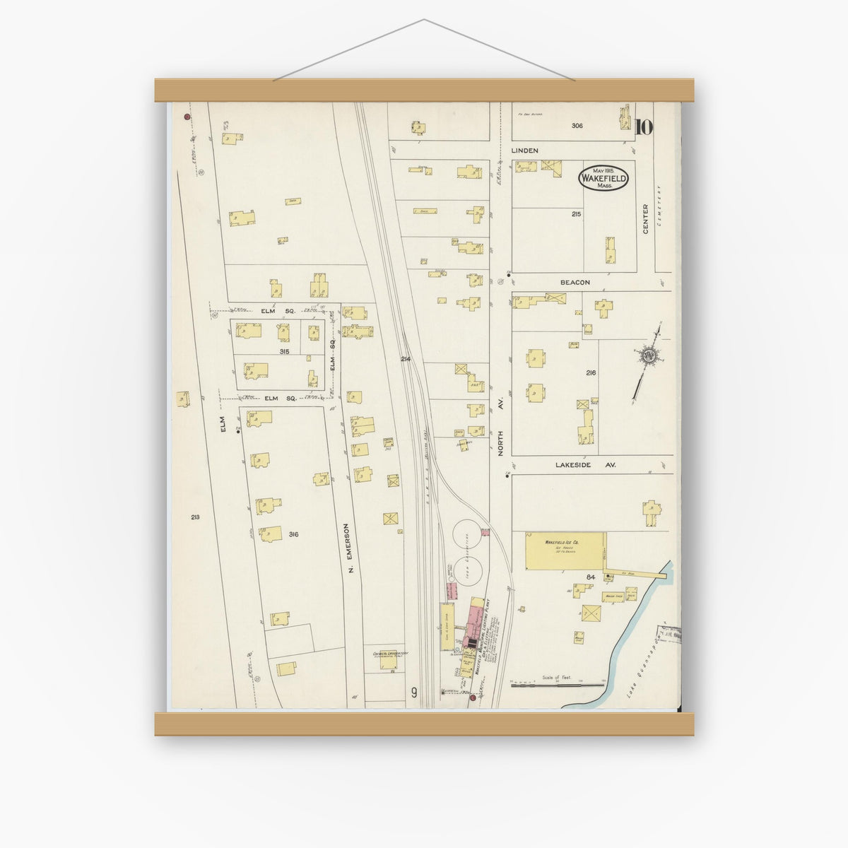Old map wall art mockup — magnetic wood frame on white wall — Sanborn Fire Insurance Map from Wakefield, Middlesex County, Massachusetts (1915), Sheet #0010