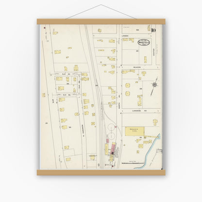 Old map wall art mockup — magnetic wood frame on white wall — Sanborn Fire Insurance Map from Wakefield, Middlesex County, Massachusetts (1915), Sheet #0010