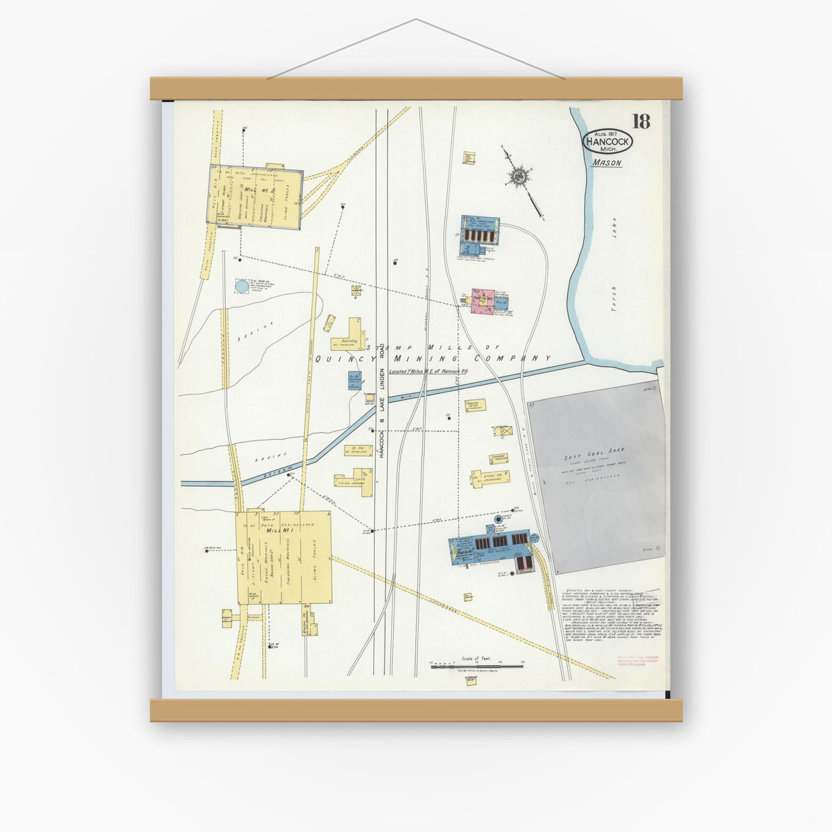 Old map wall art mockup — magnetic wood frame on white wall — Sanborn Fire Insurance Map from Hancock, Houghton County, Michigan (1917), Sheet #0018