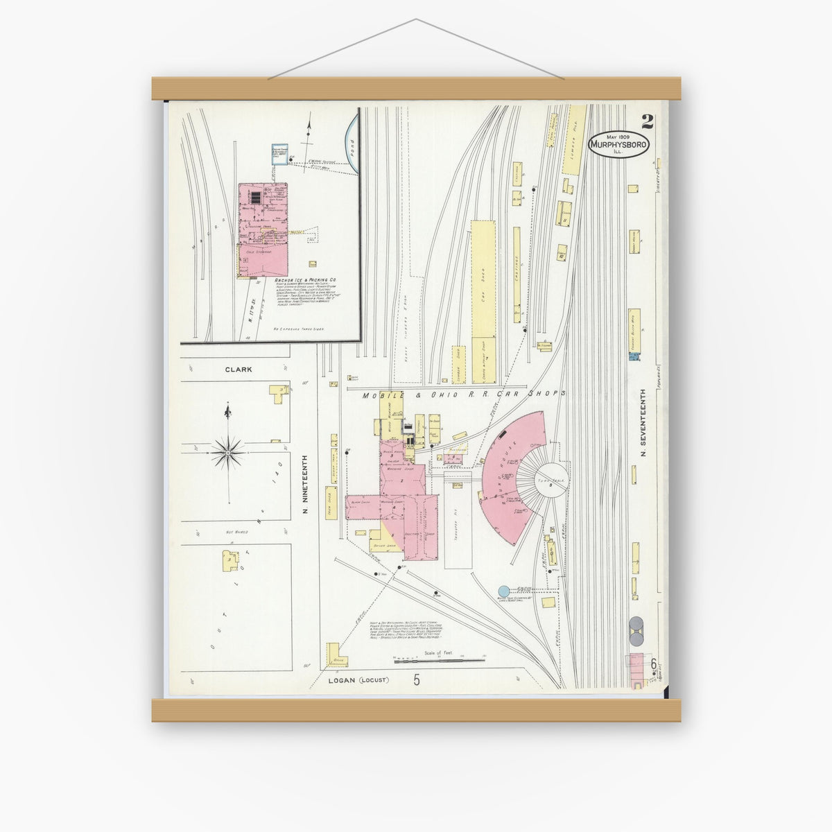 Old map wall art mockup — magnetic wood frame on white wall — Sanborn Fire Insurance Map from Murphysboro, Jackson County, Illinois (1909), Sheet #0002
