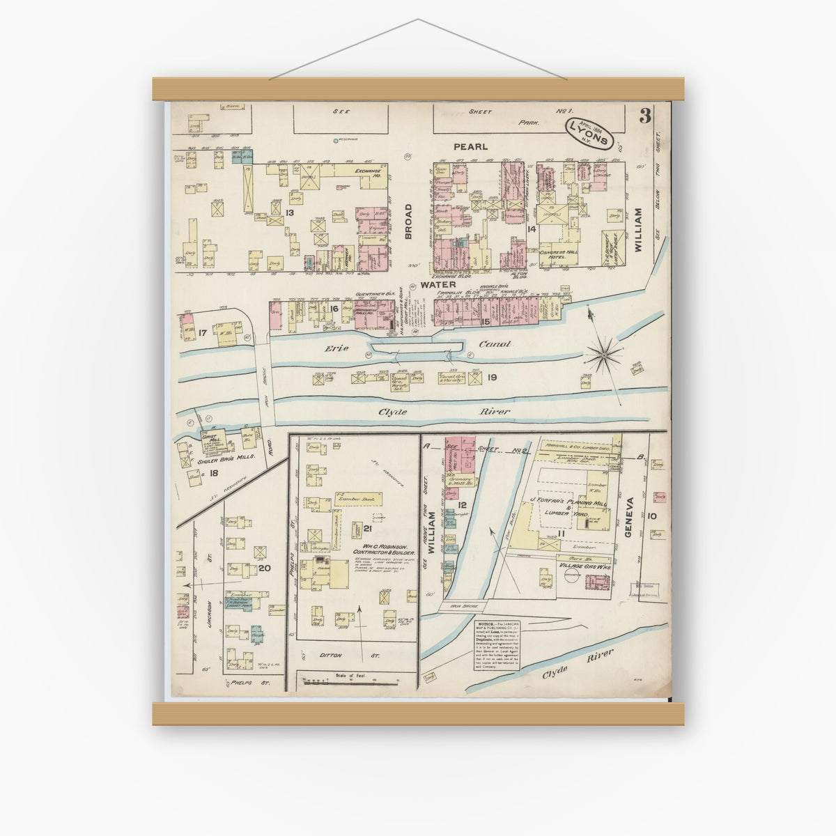 Old map wall art mockup — magnetic wood frame on white wall — Sanborn Fire Insurance Map from Lyons, Wayne County, New York (1884), Sheet #0003